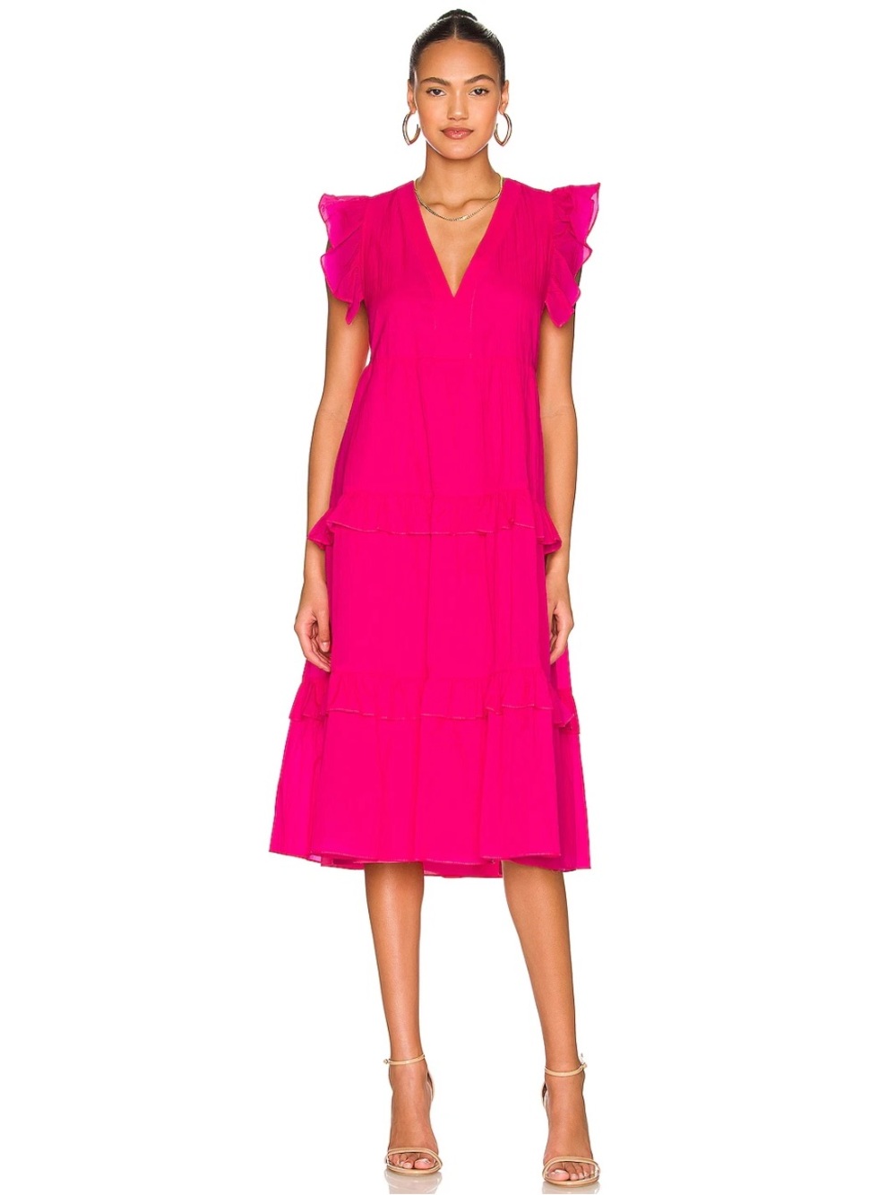 Amanda Uprichard Chamomile Dress Cerise Hot Pink midi Ruffle Tiered size M